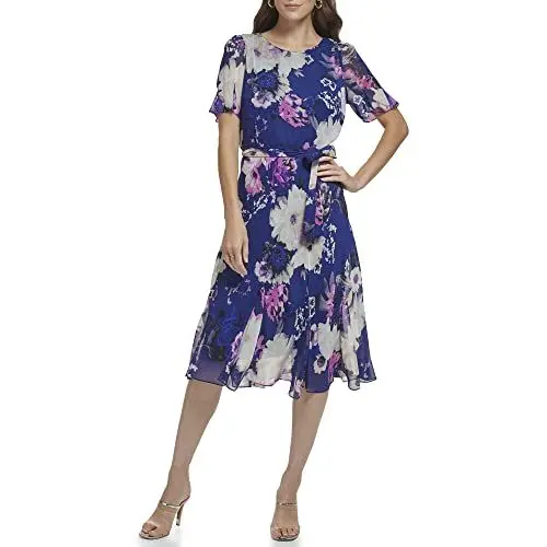 Produktbild: DKNY Women's Godet Sleeve Tie-Waist Fit & Flare Floral Print Chiffon Midi Dress, Blue/Raspberry, 32