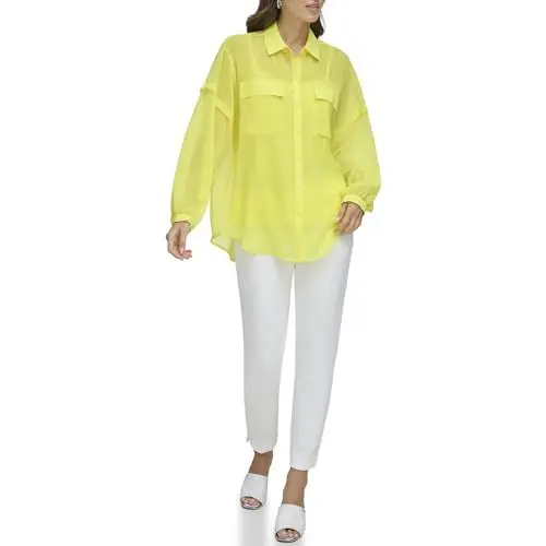 Produktbild: DKNY Women's Long Sleeve 2 Pocket Flange Chiffon Shirt, Limonata, X-Large