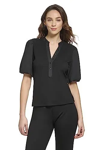 Produktbild: DKNY Women's Short Sleeve Mixed Media Top, Black, XL
