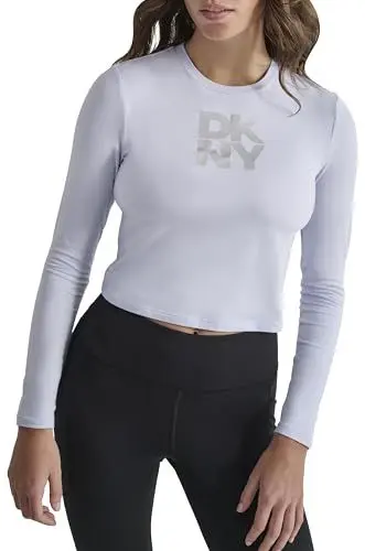 Produktbild: DKNY Women's Stacked Textured Sttripe Logo Long Sleeve Tee T-Shirt, Rain/Silver, M