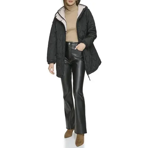Produktbild: DKNY Women's Zip Front Quilted Coat with Hood, Black, L