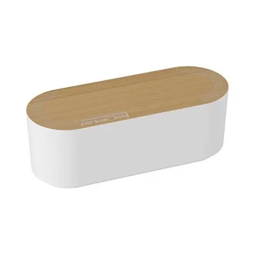 Produktbild: D-Line Kabelbox EU/CTUSMLO/SW, Kabelmanagement-Box zum Kabel verstecken bei Kabelsalat – Klein, Weiß mit Holzoptik-Deckel