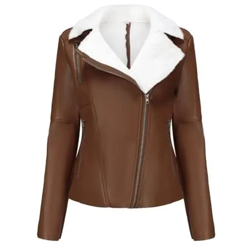 Produktbild: DLLDLGG Kunstlederjacke für Damen, Dick Gefütterter Parka, Motorrad-Bikermantel mit Kurzem Revers, Wintermantel aus Lammfell