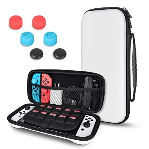 Produktbild: DLseego Hülle Kompatibel mit Nintendo Switch OLED, Ultra Slim Hard Portable Tasche mit 10 Spiel-Patronen-Halter und 6 Daumengriffkappen für Switch OLED Konsole - Weiß