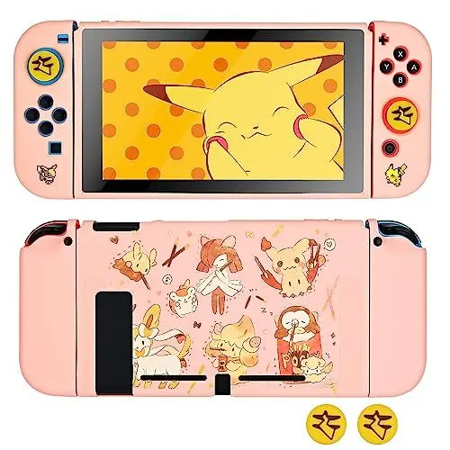 Produktbild: DLseego Hülle Kompatibel mit Switch, Dockable Soft TPU Schutzhülle mit 2PCS Kawaii Thumb Grip Caps, Slim Shell Cover Anti-Scratch und stoßfestes Design-Gelb Rosa