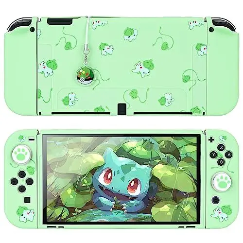 Produktbild: DLseego Schutzhülle Kompatibel mit Switch OLED,Weich Touch Schlank Abdeckung Hülle mit 2PCS Daumengriffkappen und Elfenkugeln Charme,Stoßdämpfung und Anti-Kratz,Grüner Frosch