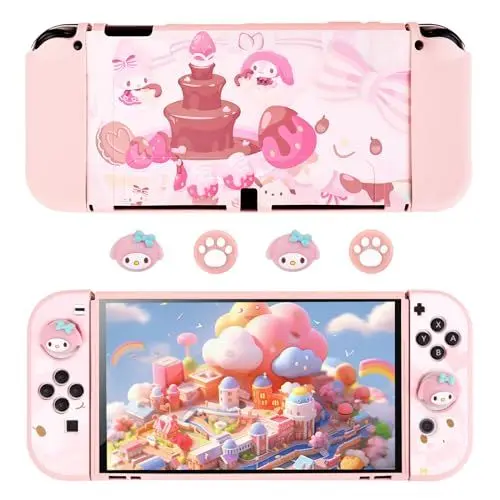 Produktbild: DLseego Schutzhülle für Switch OLED,Dockable Weiche Hülle für Switch OLED Niedliches Thema Switch OLED hülle mit weich Joycon Abdeckung und 4 Joystick Kappen,Häschen Dessert