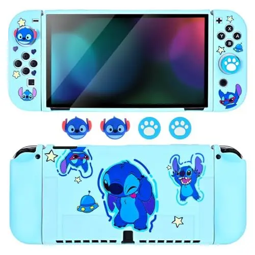 Produktbild: DLseego Schutzhülle für Switch OLED,Slim Dockable Switch OLED Case Soft TPU Lovely Alien Monster Print Protector Cover mit 2 Soft Joycon Cover und 4 Joystick Caps,Switch OLED Blue3