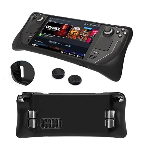 Produktbild: DLseego Silikon Hülle für Steam Deck, Komfortabel Griff Case Stoßfestes und Rutschfestes Schutzhülle mit 2 Stück Joystick-Kappe Kompatibel mit Valve Steam Deck Konsole 2021, Schwarz