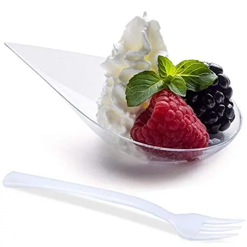 Produktbild: DLux 100 x 10 cm Mini Dessertteller - Klar Vorspeise Löffel mit Gabeln - Wiederverwendbare Dessertbecher Plastik Kunststoff - Einweg Dessertschalen, Mini Schüsseln, Dessert Servierteller Set