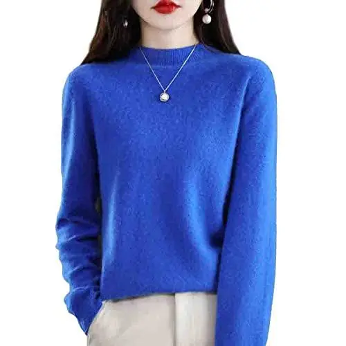 Produktbild: DLWRXN Damen Pullover aus 100% Kaschmir, Halbhoher Kragen, Warmer, Weicher, Lässiger Strickpullover-L-Blau