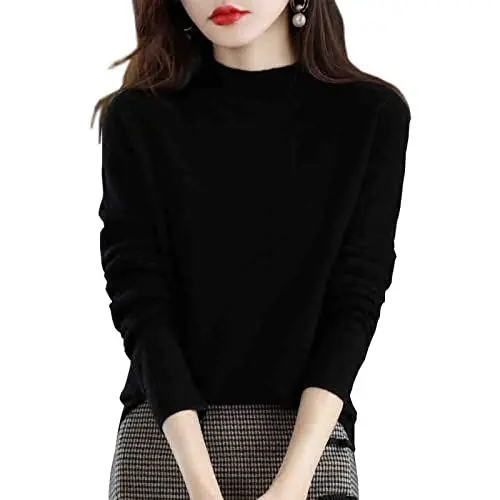 Produktbild: DLWRXN Damen Pullover aus 100% Kaschmir, Halbhoher Kragen, Warmer, Weicher, Lässiger Strickpullover-M-Schwarz