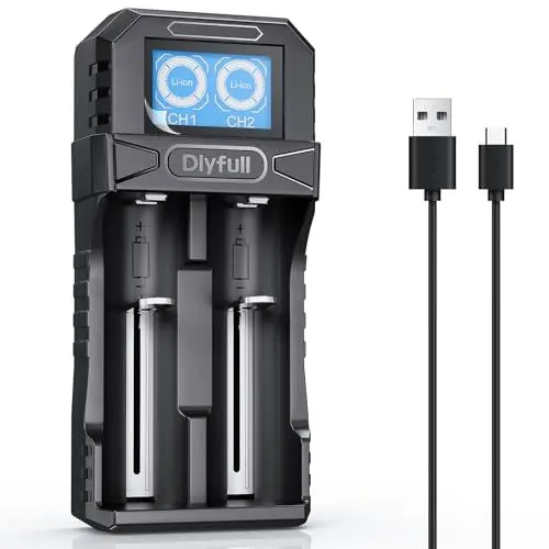 Produktbild: Dlyfull 18650 Ladegerät, Universal Akku Ladegerät für 3,7 V Li-Ion Akku, Tragbares USB-C Batterieladegerät mit LCD Display für 18650 21700 26650 18500 18350 17670 17500 16340 ect. 2 Fach