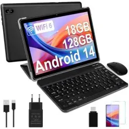 Produktbild: DMOAO Tablet 10 Zoll Android 14 mit 5G WLAN 6, 18 GB RAM + 128 GB ROM(TF 1TB), Widevine L1, Octa-Core, BT 5.0, Face ID, FHD 1280 * 800 IPS, 6000 mAh, 2 in 1 Tablet mit Tastatur + Maus, Schwarz