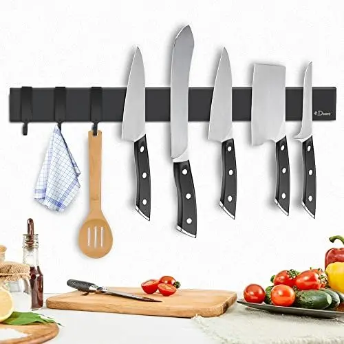 Produktbild: Dmore Magnetleiste Messer mit 3 Haken, 40 cm Messerhalter magnetisch schwarz, extrem selbstklebend Magnet Messerhalter aus Edelstahl, inklusive Klebeband und Schrauben, für Messer und Utensilien