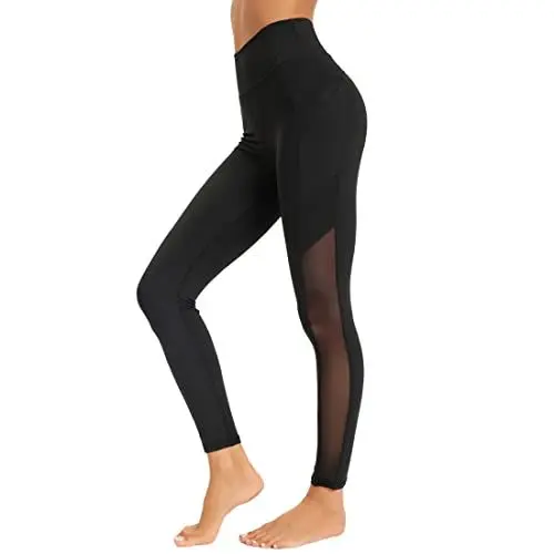 Produktbild: Dmwhsy Damen Mesh-Workout-Leggings mit Seitentaschen, Bauchkontrolle, Workout-Lauf-Leggings, hohe Taille, Yoga-Hose