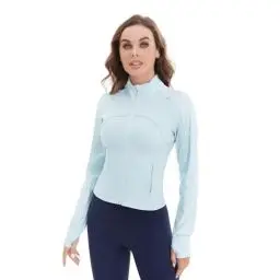 Produktbild: Dmwhsy Gestreifte Laufsportjacke für Damen, atmungsaktive, leichte Slim-Fit-Jacke, langärmlige, geformte Jacke, Fitnessstudio-Reißverschluss-Yoga-Oberteil mit Daumenlöchern