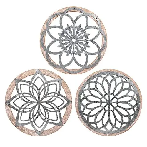 Produktbild: DMYBC 3 Stück Rustikale Wanddeko Runde Bauernhof Wanddekoration Metall mit Holzrahmen Wandschmuck Dekorationen für Haus Wohnzimmer Esszimmer Schlafzimmer Küche Korridor