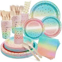 Produktbild: DN DENNOV 168Stück Regenbogen Partygeschirr,Partyzubehör Pappteller Set,Wiederverwendbar Papier Geschirr Set mit Teller Becher Servietten Gabellöffel aus Holz zum Geburtstag,Jubiläums-24Gäste