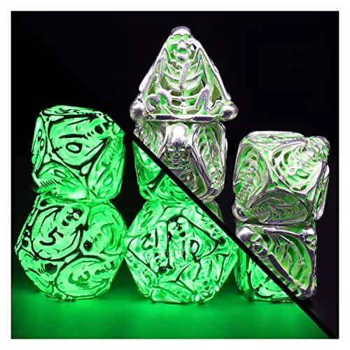 Produktbild: DND Würfel Fluoreszierende Skull Polyedrische Rollenspiel Würfelset, ZHOORQI 7 Stück/Set Metall Dice Spielwürfel for Dungeons and Dragons D&D Geschenke(Skull-Glowing Green)