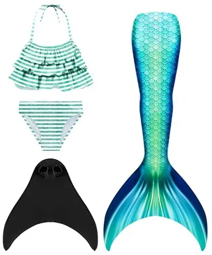 Produktbild: DNFUN Mädchen Meerjungfrauenschwanz für Schwimmen mit Meerjungfrau Flosse -Kinder Meerjungfrauenflosse zum Schwimmen, 4 Stück Set,D05-bk,140