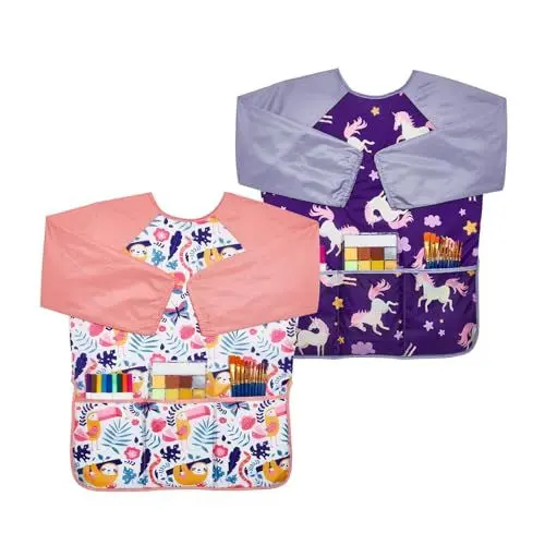 Produktbild: DNSHAN 2 Stück Malkittel Kinder, Malschürze Kinder, Maleranzug Kinder, Malerschürze mit Malerkittel mit Langen Ärmeln,3 Taschen für Alter 3–8 Jahre