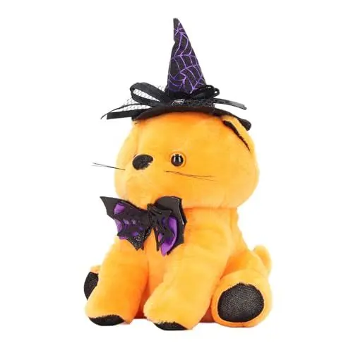 Produktbild: Stofftier-Puppendekoration, Sammlerstück, Attraktive Süße Halloween-Katzenpuppe mit Hut für Festival-Party (Orangefarbene Katze und violett-schwarzer Hut)