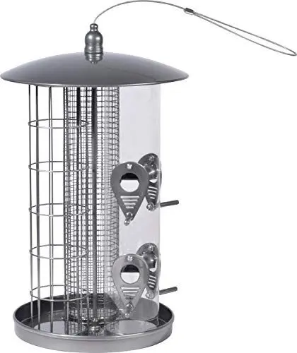 Produktbild: dobar 11515 Große Multifunktions-Futtersäule - Vogelfutterspender mit 3 Futtersilos - Futterstation aus Metall zum Hängen - Vogelfuttersäule für Nüsse/Knödel/Sämereien - Ø 21,5 x 36,5 cm - Grau