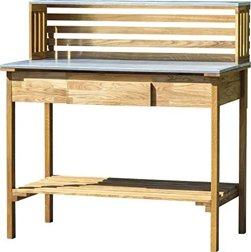 Produktbild: dobar® 29140FSCe XXL Premium Pflanztisch aus robustem Eichenholz | Gärtnertisch mit verzinkter Arbeitsfläche und Ablage | Wetterfester Outdoor Umtopftisch | 117 x 62 x 124 cm | Natur
