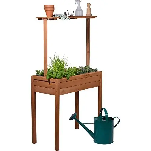 Produktbild: dobar® 58256FSCe Hochbeet Florenz Massiv-Holz | Salatbeet mit erhöhter Ablage | Balkonbeet Schmal | Erhöhtes Gemüsebeet inklusive Pflanzvlies | 80 x 40 x 145 cm | Braun