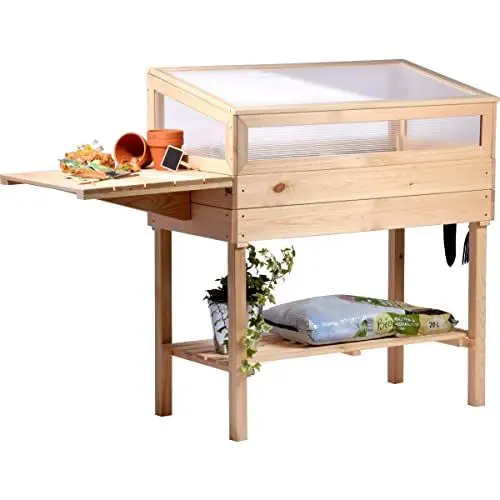 Produktbild: dobar® 58395e erhöhtes Frühbeet aus Massivholz Gr. L | Hochbeet mit Frühbeetaufsatz | Frühbeetkasten mit Ablagefläche & ausklappbarem Tisch | Pflanzkasten mit Gewächshaus | 150 x 50 x 107 cm | Natur