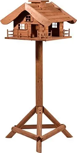 Produktbild: dobar® 98370e Design Vogelfutterhaus Almhütte - XL Vogelhaus im Hüttendesign - Vogelvilla aus Massivholz - Vogelfutterstation inklusive Ständer - Großer Futterspender - 66 x 66 x 136,5 cm - Braun