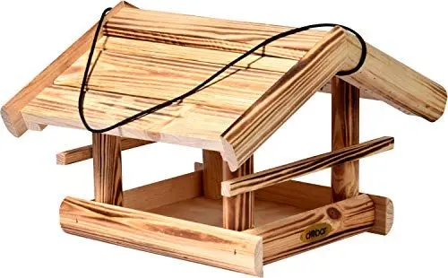 Produktbild: dobar® Green Label 18010FSCe Vogelfutterhaus Quemado hängend - Futterhaus aus Massiv-Holz - Futterstation zum Hängen - Wildvogelfutterplatz - 30 x 34,5 x 22,5 cm - Geflammt