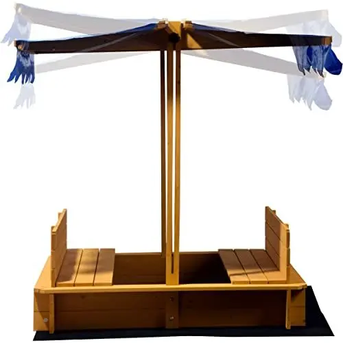 Produktbild: dobar® Sandkasten mit schwenkbarem Dach | Kinder-Sandkasten aus Holz | Sitzbänke | Sandbox inkl. Bodenplane | Verschließbare Sandkiste | 112 x 112 x 112 cm | Blau