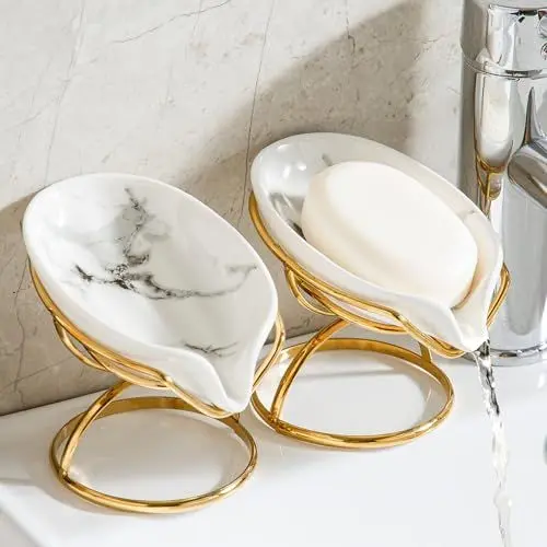 Produktbild: Dobbyby Drain der Seifenschale Mit Ablauf，Edelstahlhalterungsscheibe Seifenscheibe，Kein Bohren erforderlich Einfach Zu Reinigende Seifenkiste, Geeignet für Duschbad, Badezimmer, Waschbecken（Gold）