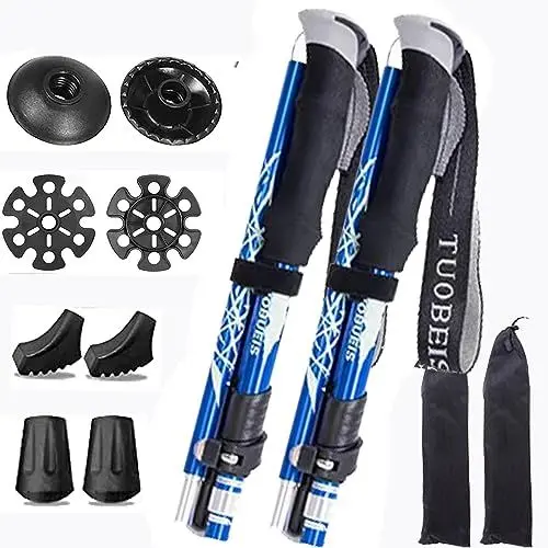 Produktbild: DOBESTS Wanderstöcke, Nordic Walking Stöcke Aluminium, mit extra Gummipuffer und Tragebeutel, Faltbare Leichte Trekkingstöcke für Damen und Herren, Wanderstock Verstellbar 110cm-130cm (Blau)