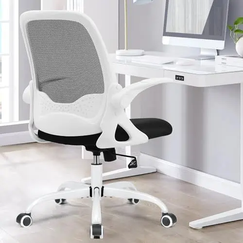 Produktbild: DoChair Bürostuhl Ergonomisch, Schreibtischstuhl, Drehstuhl mit Klappbaren gepolsterte Armlehnen, Wippfunktion, 360° Chefsessel Drehstuhl bis 150kg (Weiß)