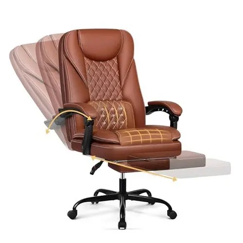 Produktbild: DoChair Bürostuhl ergonomischer Schreibtischstuhl bis 140°mit Fußstütze Kopfstütze Wippfunktion Drehstuhl Chefsessel Kunstleder, Braun