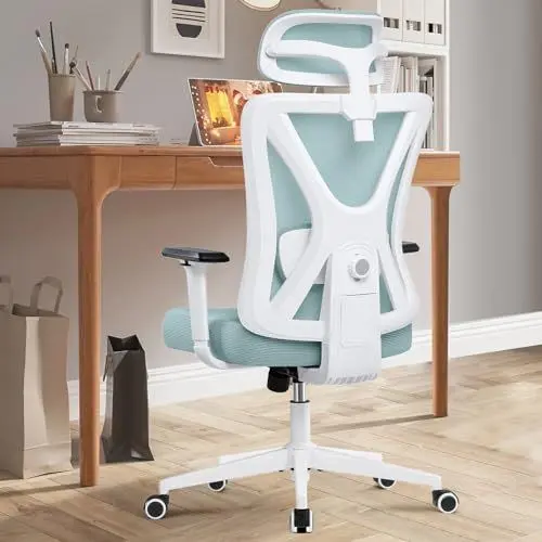 Produktbild: DoChair Ergonomischer Bürostuhl, Bürostuhl mit Lendenwirbelstütze und verstellbaren Armlehnen, Bürostuhl aus Netzstoff, hohe Rückenlehne, komfortabel, für das Büro zu Hause (Hellblau, 9777)