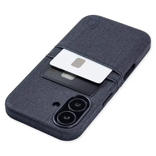 Produktbild: Dockem Kartenetui für iPhone 16 mit Integrierter Metallplatte für Magnetischen Befestigung und 2 Kartenfächer: M2 Luxe Canvas-Stil Kunstleder Kartenhülle (Kohlschwarz)