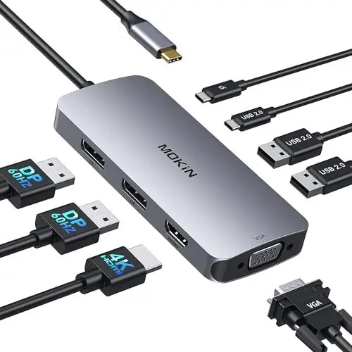 Produktbild: Docking Station Dual DisplayPort, 8 in 1 Laptop Docking Station USB Hub mit 2 DP, 1 HDMI, VGA, USB C 2.0&USB A 2.0, PD 100W, Multi Monitor USB C Adapter für Surface/HP/Lenovo Laptops