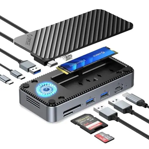 Produktbild: USB C Hub mit NVMe M.2 SSD Gehäuse, ORICO 10 in 1 Docking Station USB C mit Eingebautem Lüfter,10Gbps USB3.2 Gen2 M.2 NVMe/SATA SSD Adapter, Unterstützung 4K HDMI, 100W PD, SD/TF, Gigabit Ethernet