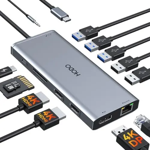 Produktbild: Dockingstation USB-C 2 Monitore, Laptop Docking Station Triple Display, USB C Hub Adapter 13 in 1 mit 2 HDMI, Displayport, Ethernet, PD, 5 USB, SD/TF Kartensteckplatz, 3.5mm Audio