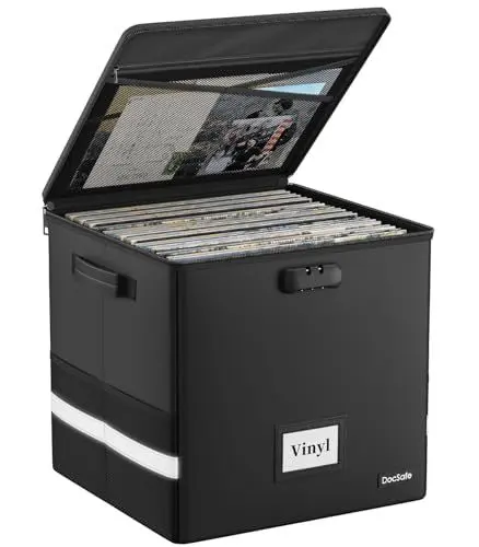 Produktbild: DocSafe Feuerfest Schallplatten Aufbewahrungsbox Vinyl Schallplattenkoffer mit Schloss Plattenkoffer zur 100+ Schallplatten,Zusammenklappbare Aufbewahrungskiste für die Aufbewahrung Wertvoller Alben