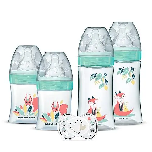 Produktbild: DODIE 4 Babyflaschen zur Geburt, runder Anti-Kolik-Sauger (2 x 150 ml und 2 x 270 ml) + 1 Schnuller zur Geburt