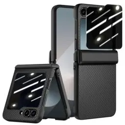 Produktbild: Doeshine Hülle für Samsung Galaxy Z Flip 6 mit Scharnierschutz & Privacy Screen Bildschirmschutz, Rutschfester Textur, Hard PC Stoßfest Schutzhülle Kratzfest Rugged Cover für Z Flip 6 2024 (Schwarz)