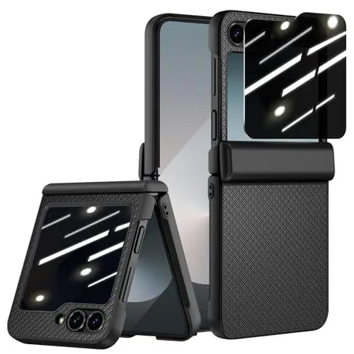 Produktbild: Doeshine Hülle für Samsung Galaxy Z Flip 6 mit Scharnierschutz & Privacy Screen Bildschirmschutz, Rutschfester Textur, Hard PC Stoßfest Schutzhülle Kratzfest Rugged Cover für Z Flip 6 2024 (Schwarz)
