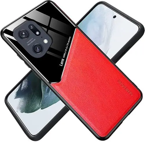 Produktbild: DOINK Hülle Kompatibel Oppo Find X5 Pro, Premium Glas PU Leder Hybrid Stoßfest Case Cover Magnetische Funktion - rot