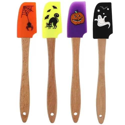 Produktbild: DOITOOL 4 Stück Silikon-Halloween-Spatel, Holzgriff für antihaftbeschichtetes Kochgeschirr, Backen, Kochen (Geist + schwarze Katze + Kürbis + Spinne-Muster)