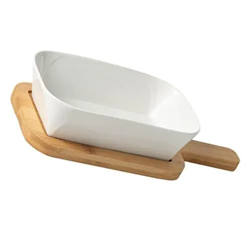 Produktbild: DOITOOL Teller Keramik Backformen Mikrowelle Backform, 1 Set Backgerichtebratpfanne Mit Holzpalette Tiefe Lasagne Pfanne Backkuchenpfanne Auflaufform Käsebackform Schale Ofenblech Backform Rechteckig